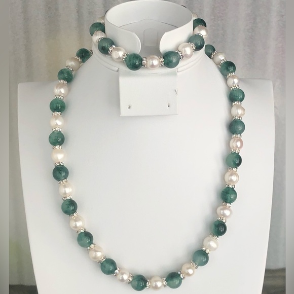 9-10mm Real White Pearl & Green Spotted Jade Necklace & Bracelet SET - Picture 1 of 5